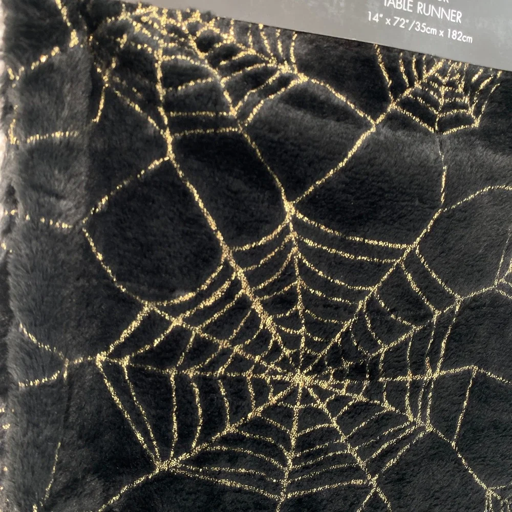 Christian Lacroix Table Runner 14x72 Black Gold Spiderweb Faux Fur Halloween
